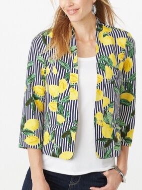 Lemon Pattern Navy & White Striped Jacket by Roz & Ali Size Large